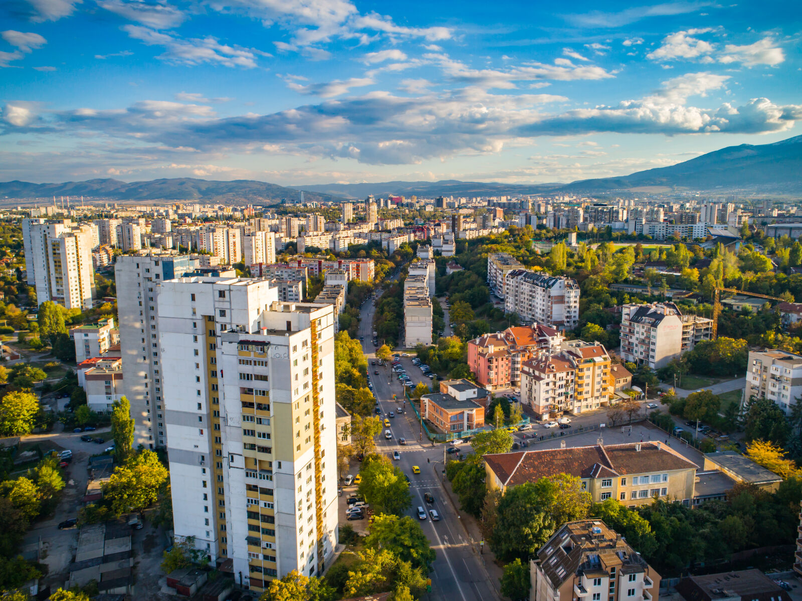 DJI FC6310 sample photo. Apartment, buildings, autumn, blue photography
