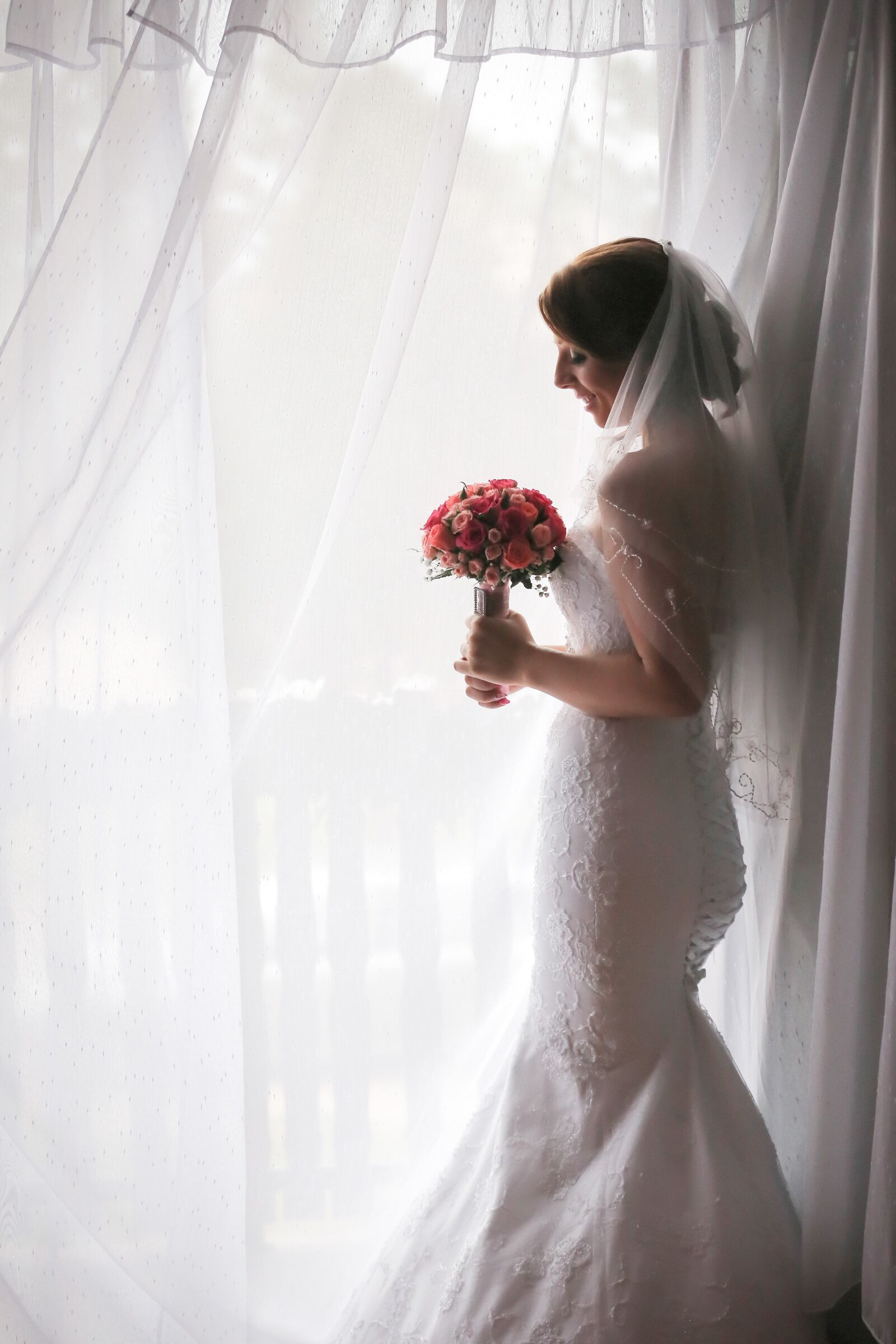 Canon EOS 5D Mark III sample photo. Bride, curtain, face, happiness photography