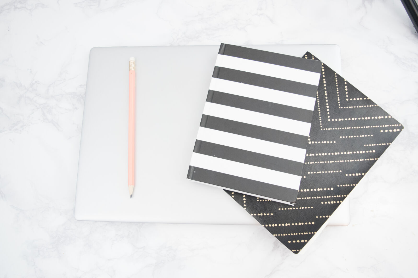 Nikon D3300 sample photo. Books, flatlay, laptop, marble photography