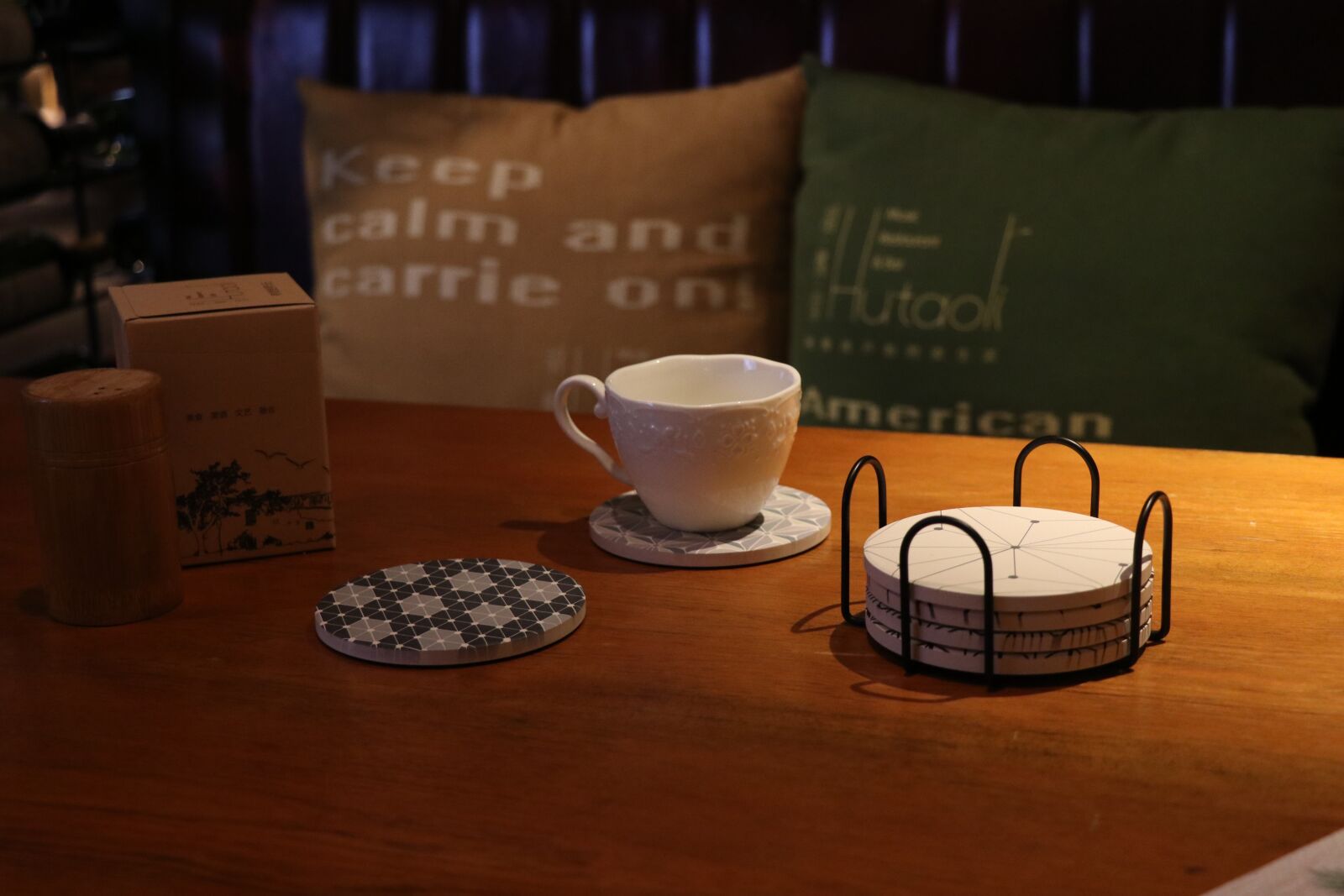 Canon EF-S 18-135mm F3.5-5.6 IS USM sample photo. Tea, bar, coasters photography