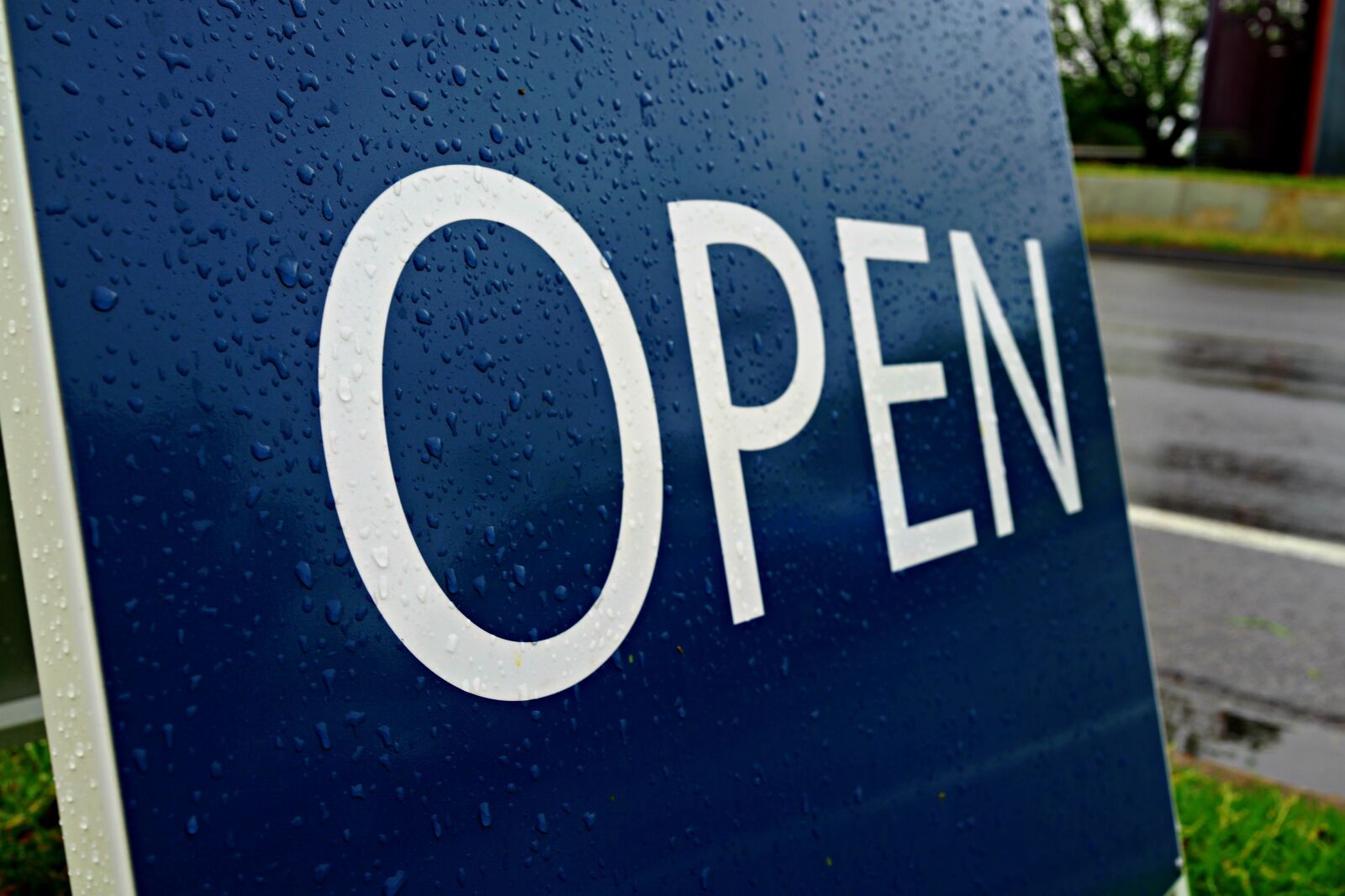 Sony Cyber-shot DSC-RX1R sample photo. Open, signage, rain drops photography