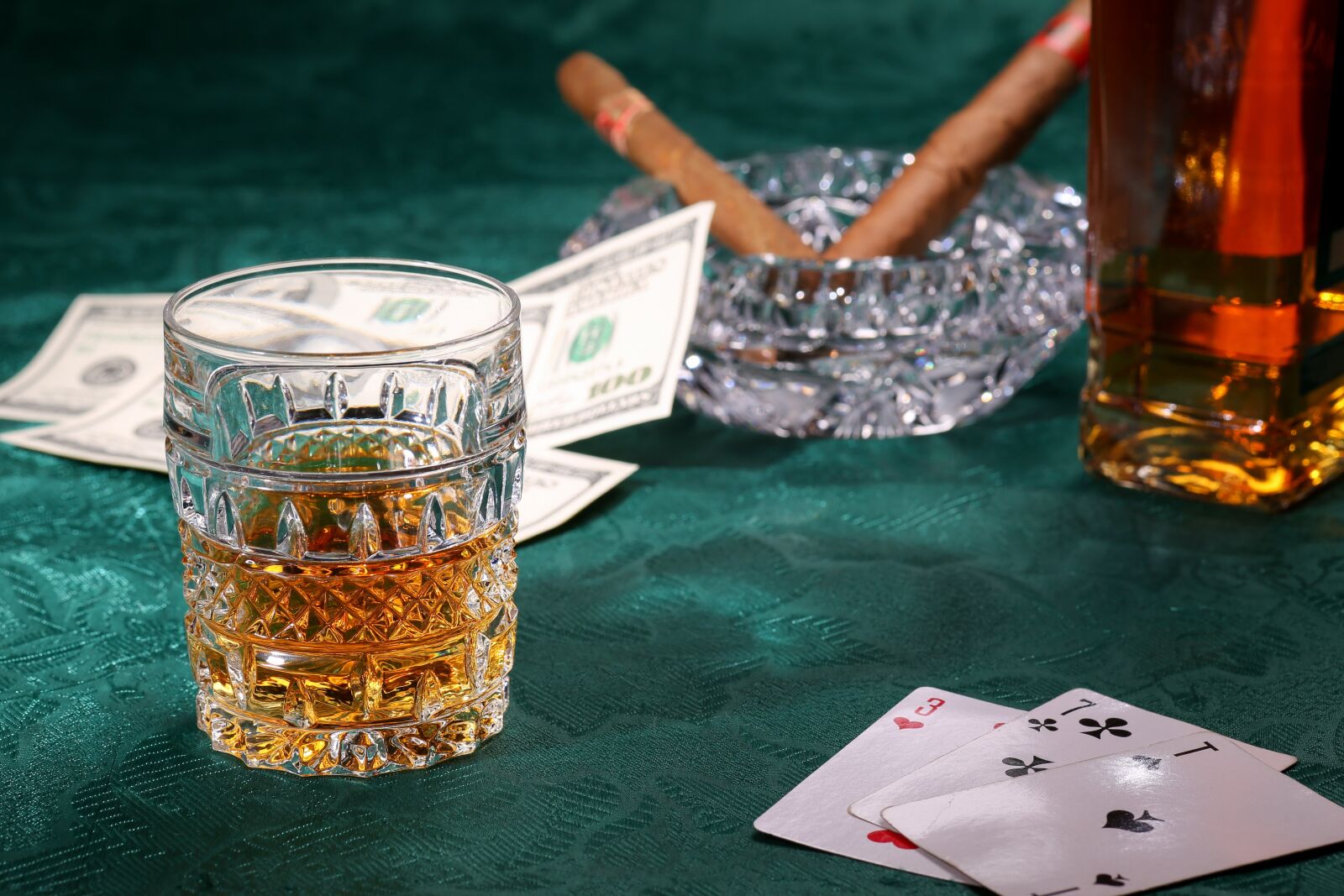 Canon EF 85mm F1.8 USM sample photo. Cards, money, whiskey photography