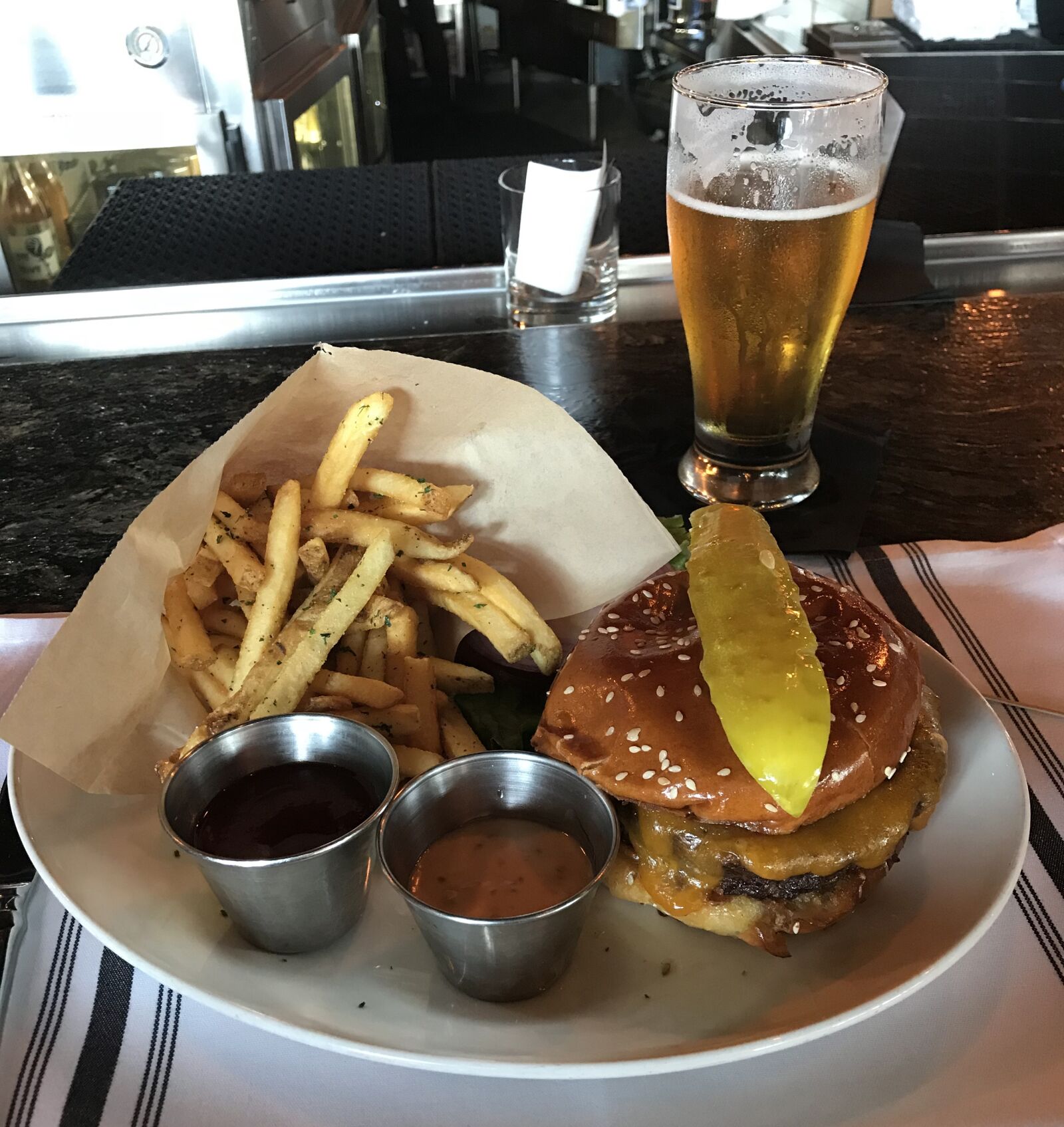 iPhone 7 back camera 3.99mm f/1.8 sample photo. Hamburger, beer, fries photography