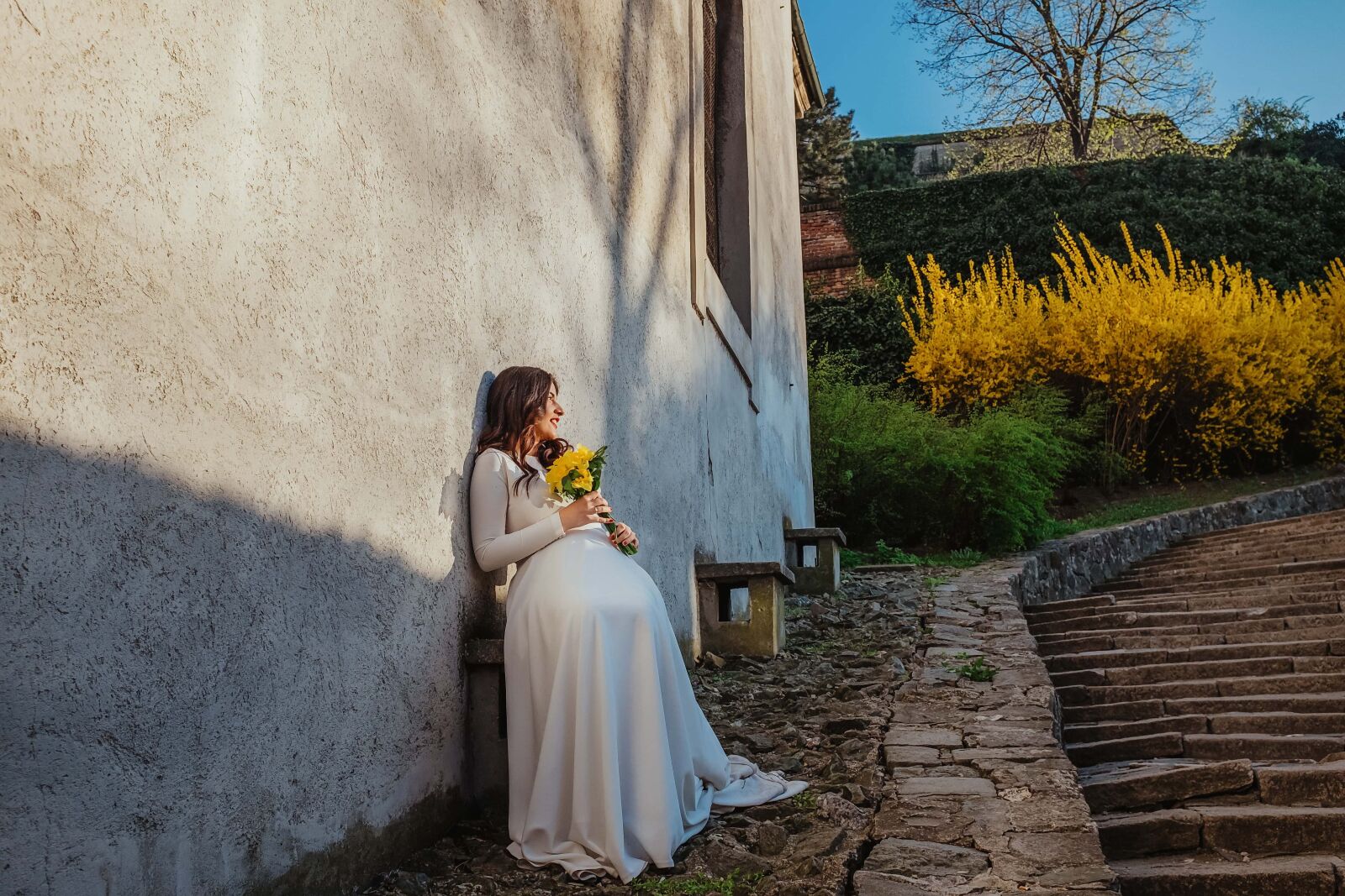 Fujifilm X100T sample photo. Stairs, downhill, bride, wedding photography