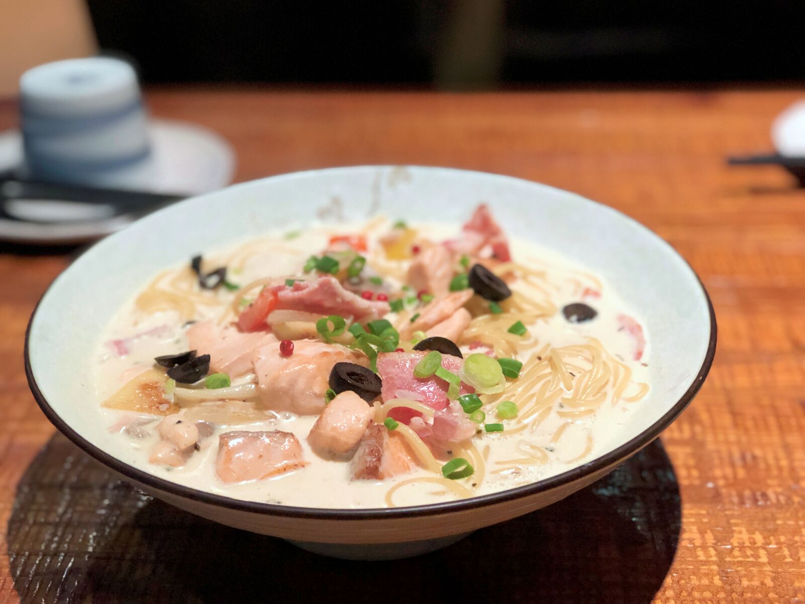 iPhone 8 Plus back dual camera 6.6mm f/2.8 sample photo. Pasta, salmon, food photography