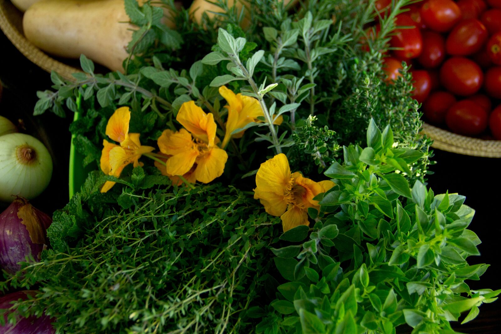 Canon EF-S 18-135mm F3.5-5.6 IS sample photo. Nasturtium, thyme, herbs photography