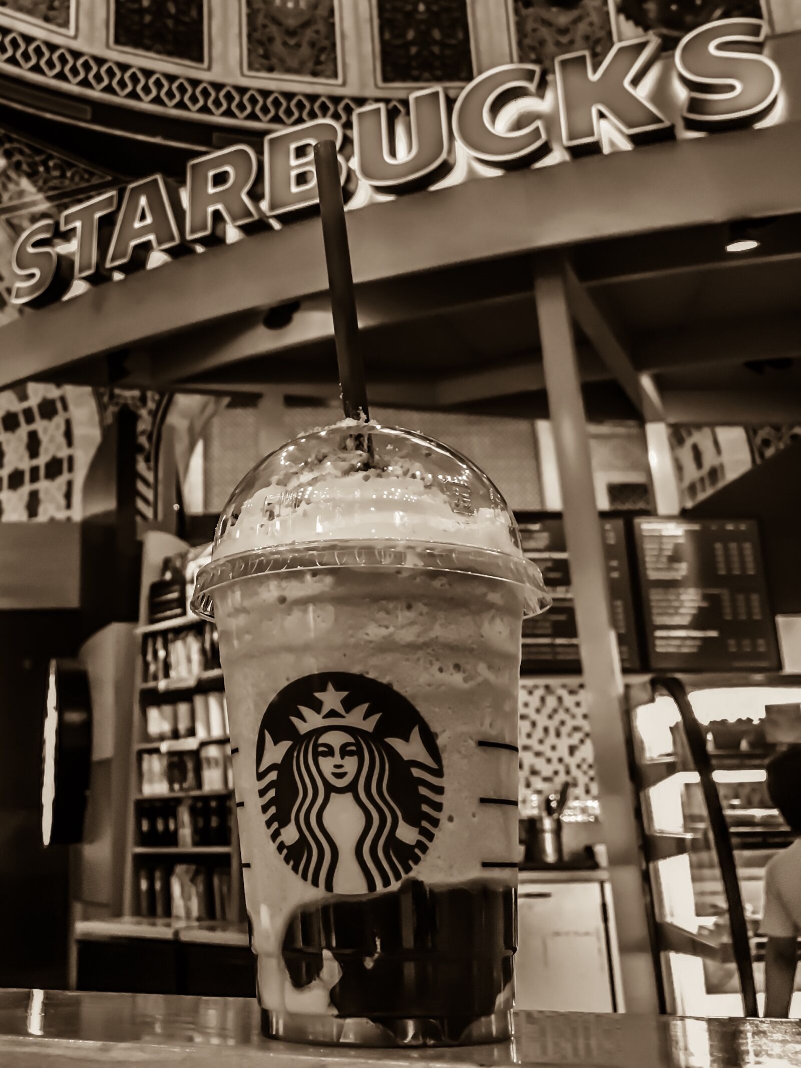 Apple iPhone 6s sample photo. Starbucks, stall, grayscale, photo photography