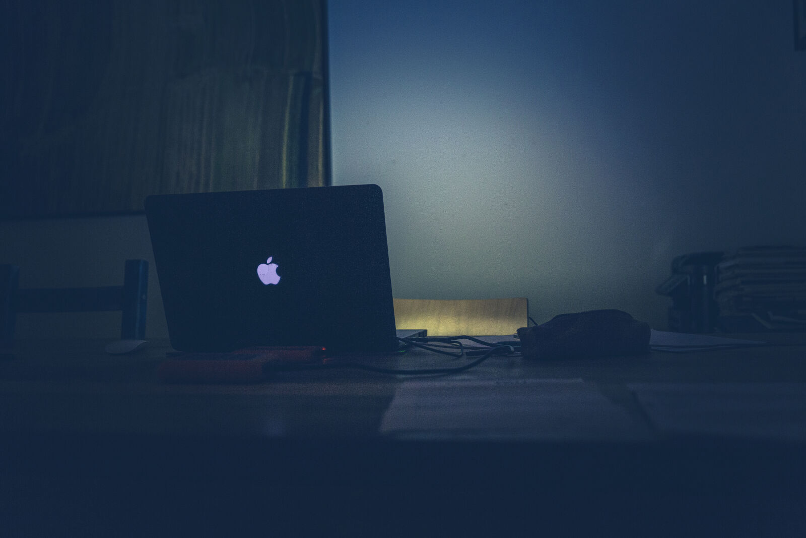 Canon EF 24-70mm F2.8L II USM sample photo. Dark, desk, laptop, macbook photography