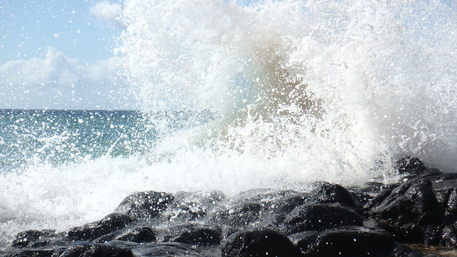 Olympus TG-860 sample photo. Ocean, black rock, splash photography