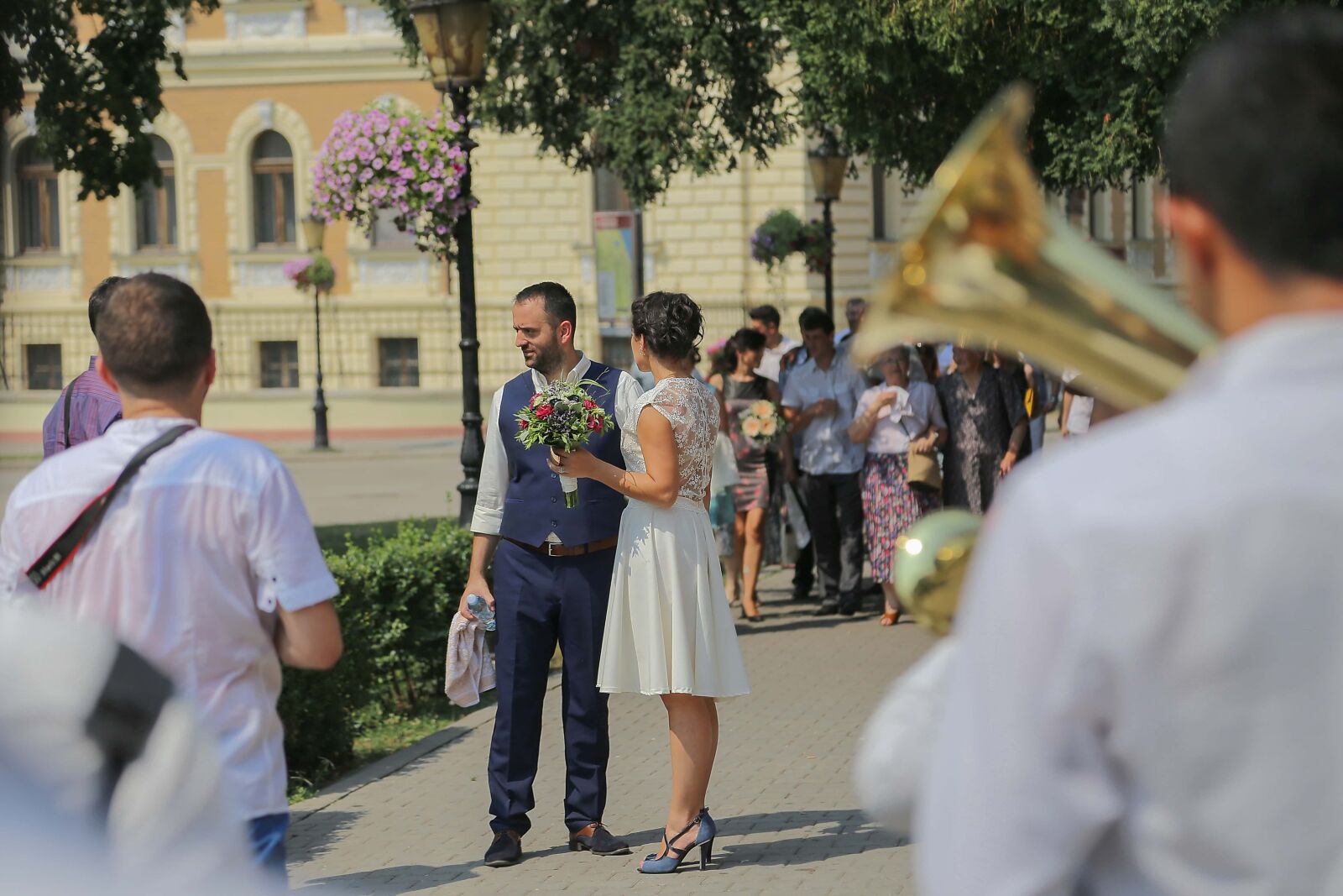 Canon EF 24-105mm F4L IS USM sample photo. Wedding, trumpeter, street, bride photography