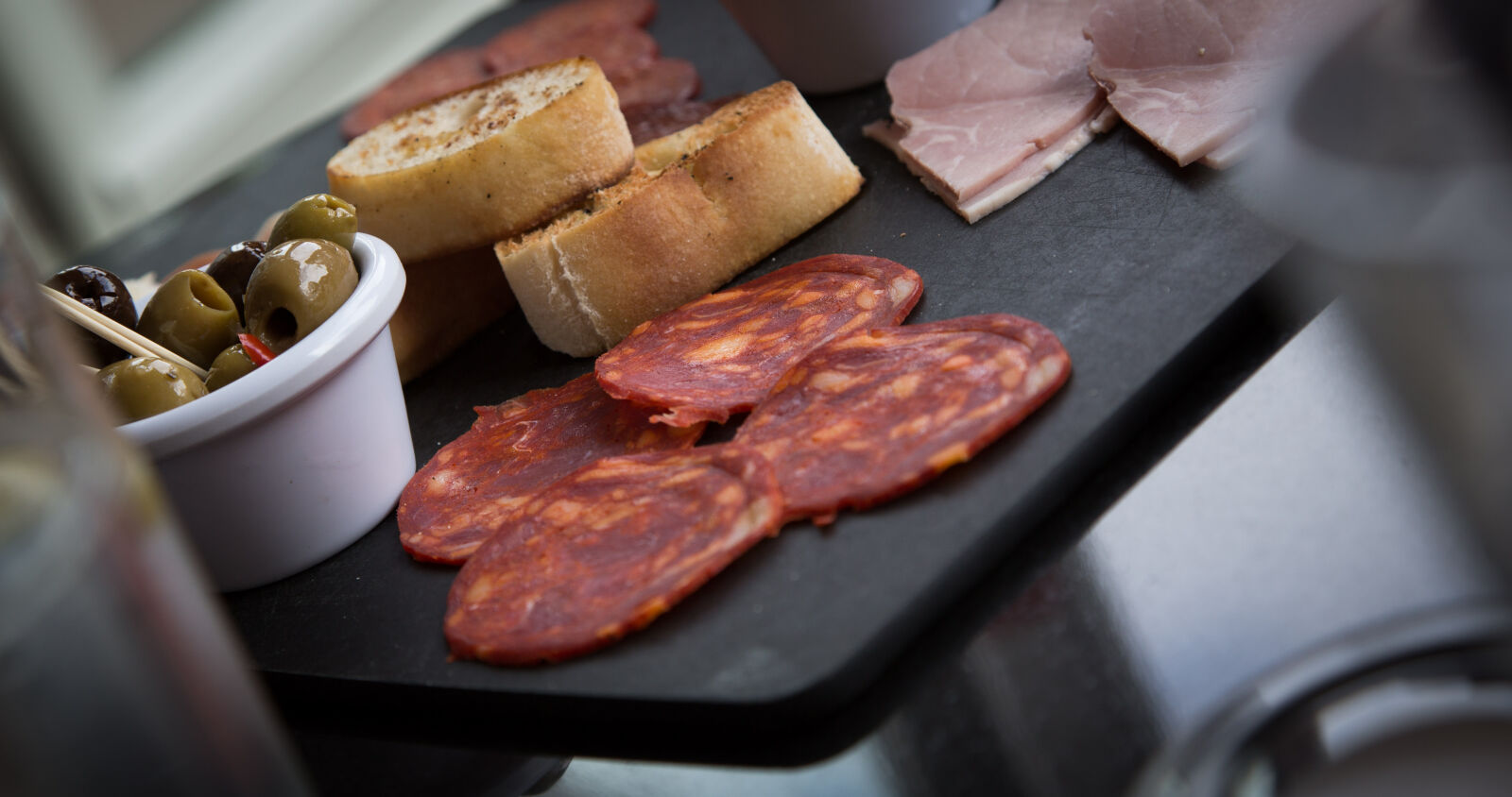 Canon EF 24-105mm F4L IS USM sample photo. Bread, food, olives, ham photography