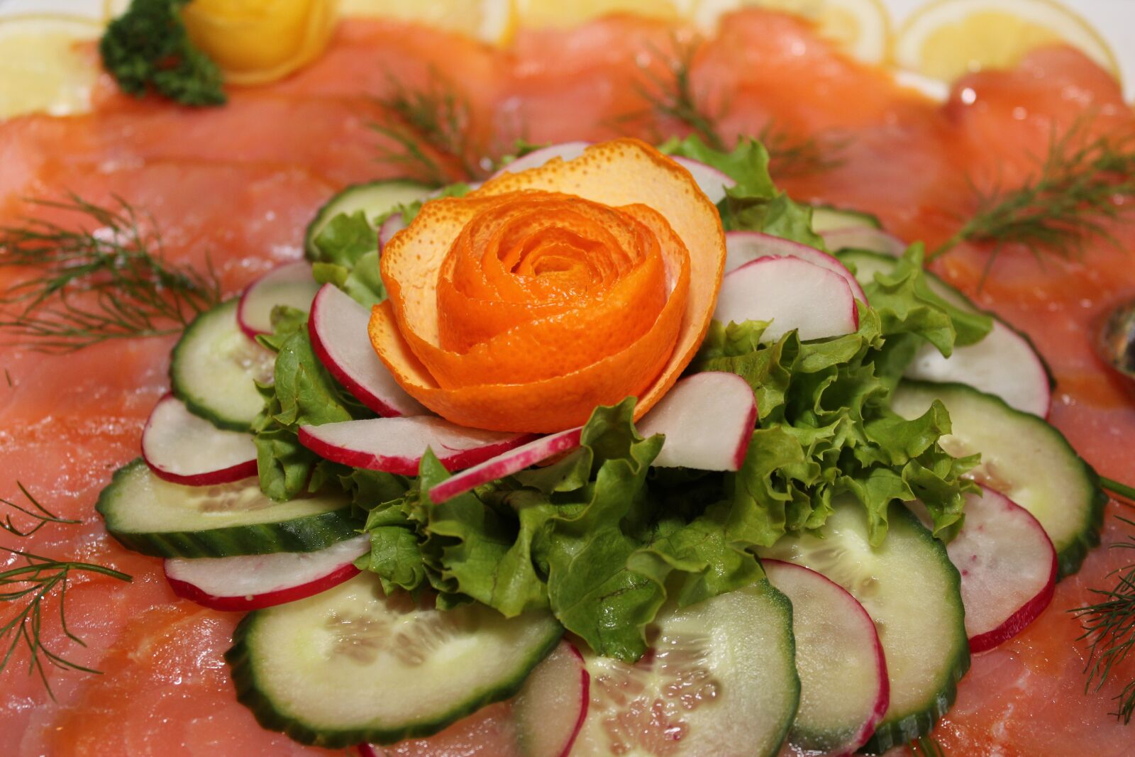 Canon EOS 600D (Rebel EOS T3i / EOS Kiss X5) sample photo. Salmon, salad, cold buffet photography