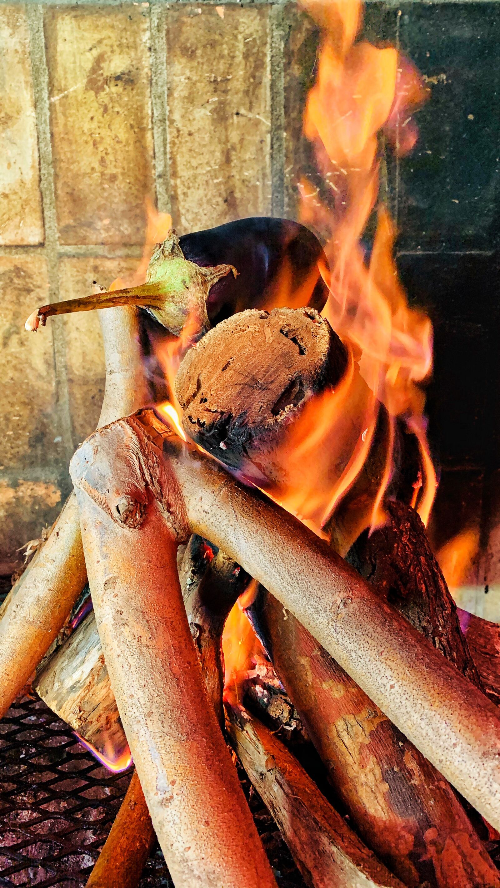 Apple iPhone XR sample photo. Eggplant, fire, wood photography