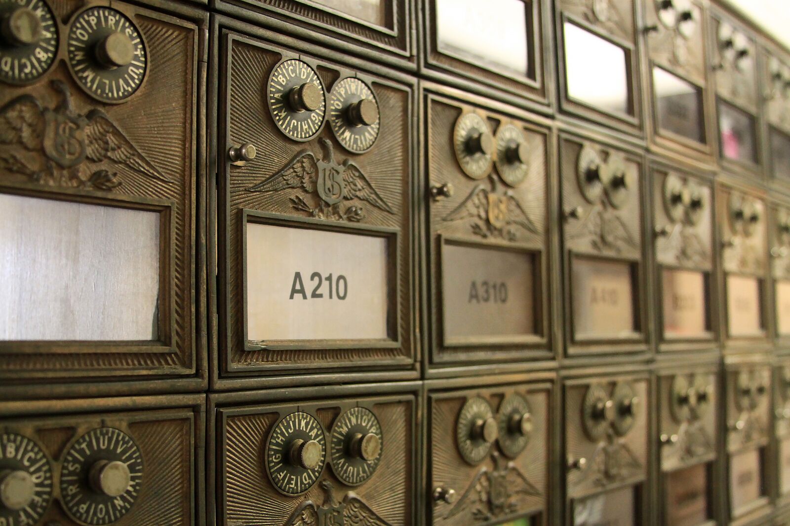 Canon EOS 50D sample photo. Mailboxes, brass, antique photography