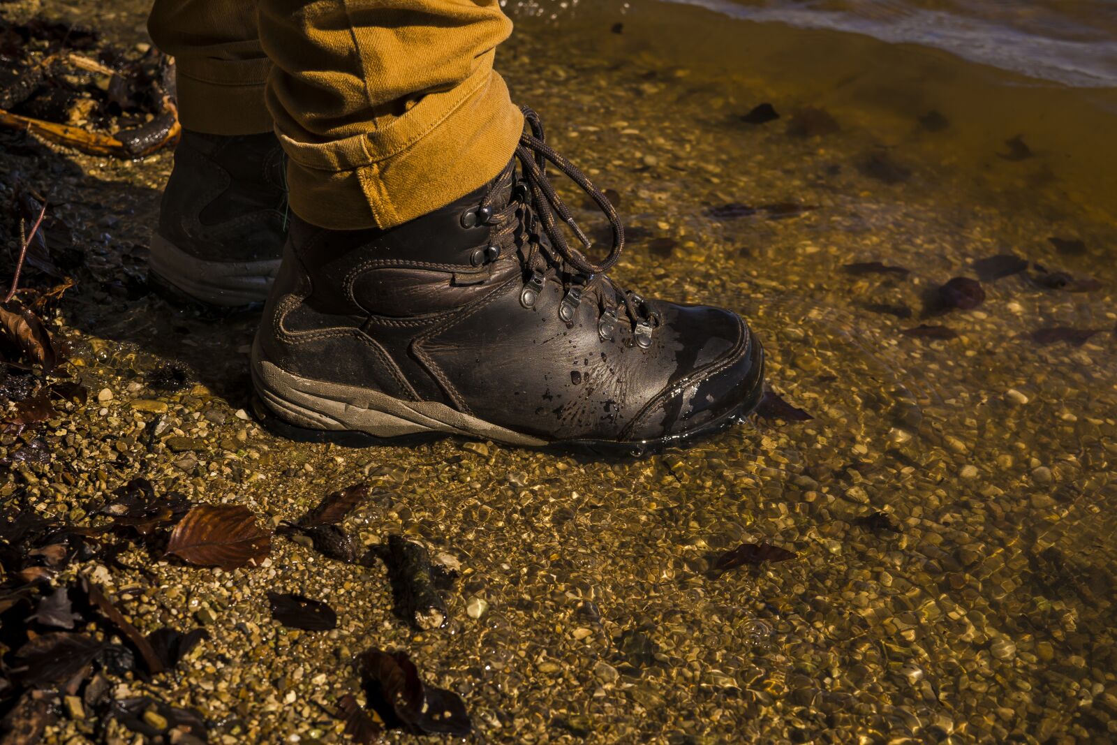 Sony a6300 + Sigma 30mm F2.8 EX DN sample photo. Hiking shoes, bank, pond photography
