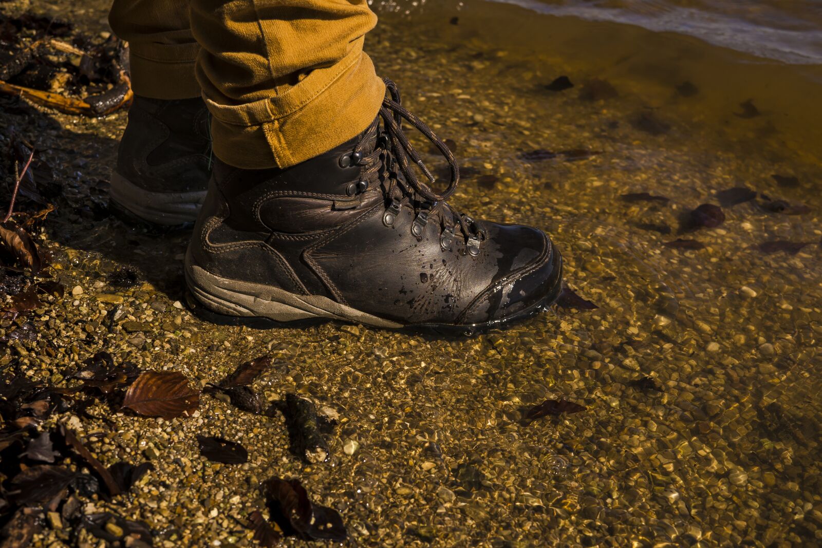 Sigma 30mm F2.8 EX DN sample photo. Hiking shoes, bank, pond photography