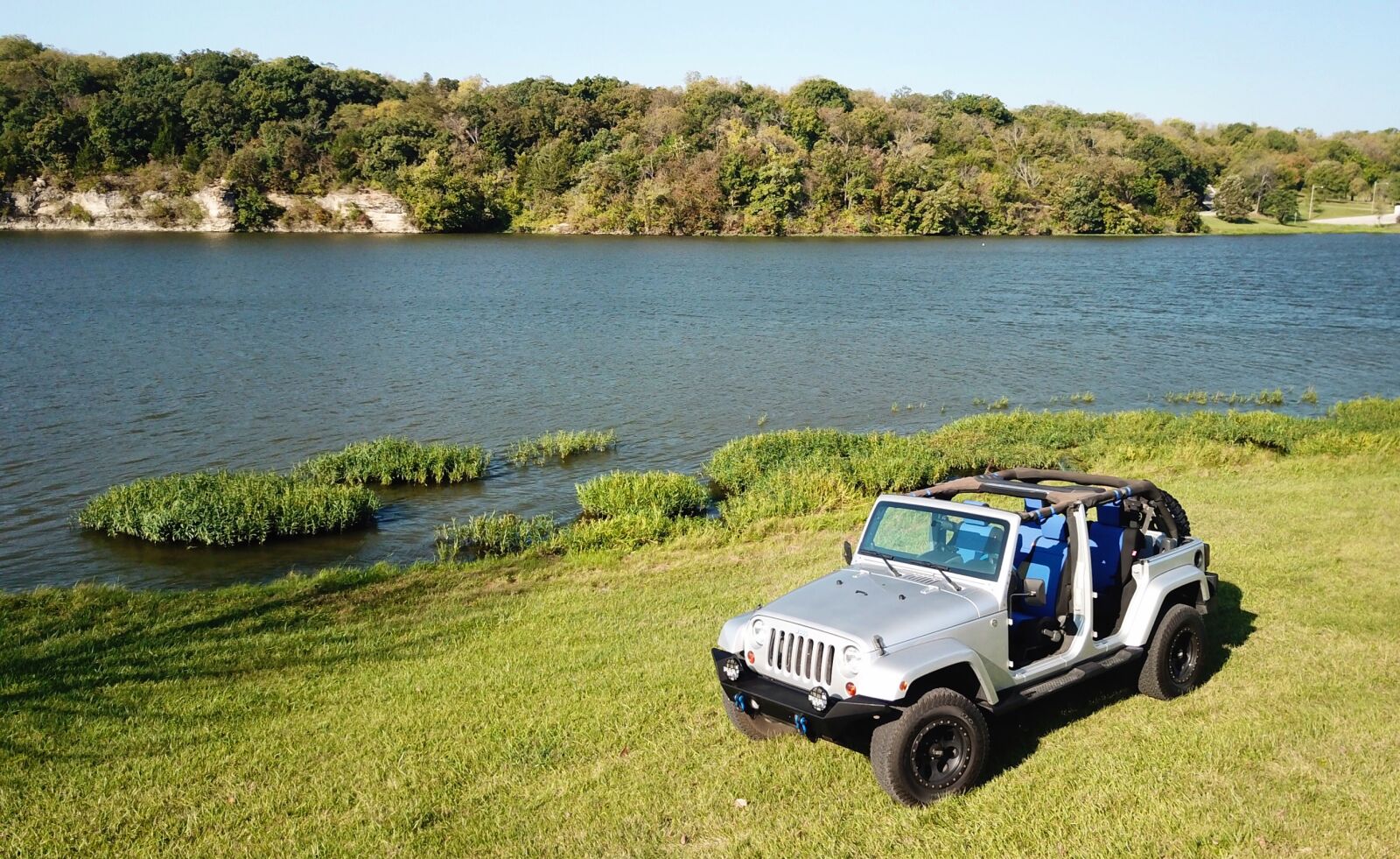 DJI FC220 sample photo. Aerial, view, jeep, lake photography
