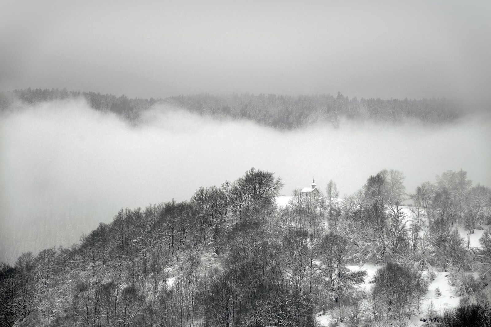 Nikon D610 sample photo. Mountain, chapel, mist photography