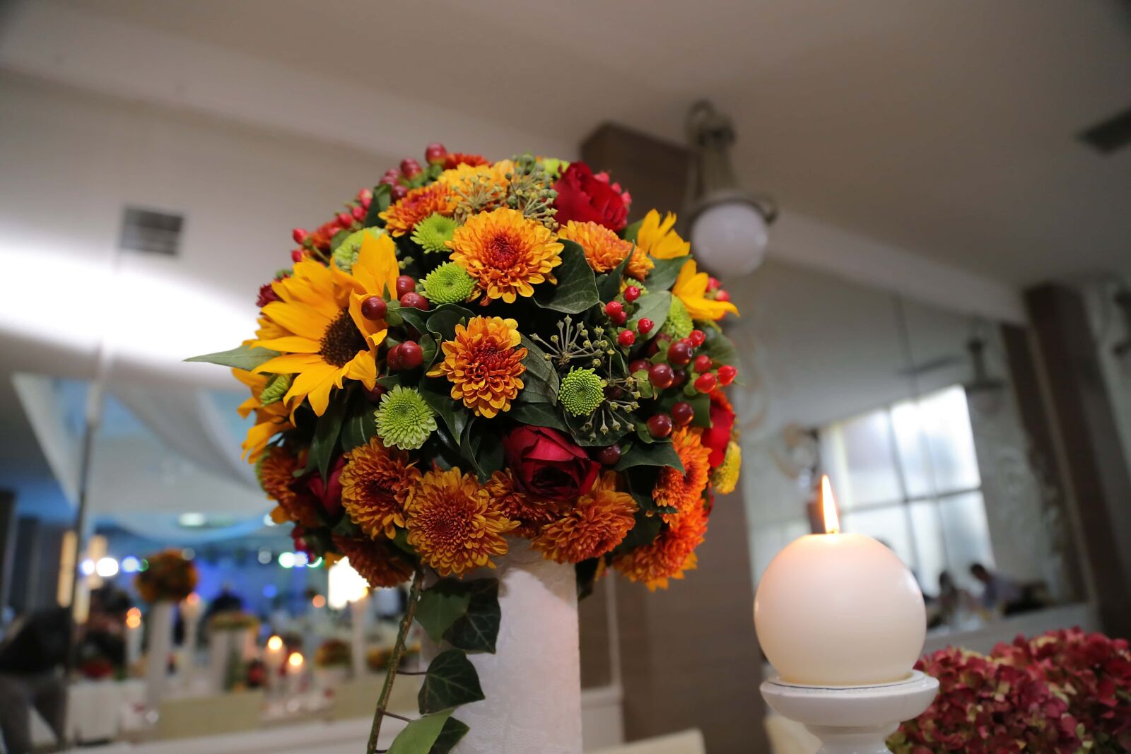 Canon EF 24-105mm F4L IS USM sample photo. Candlestick, vase, wedding bouquet photography