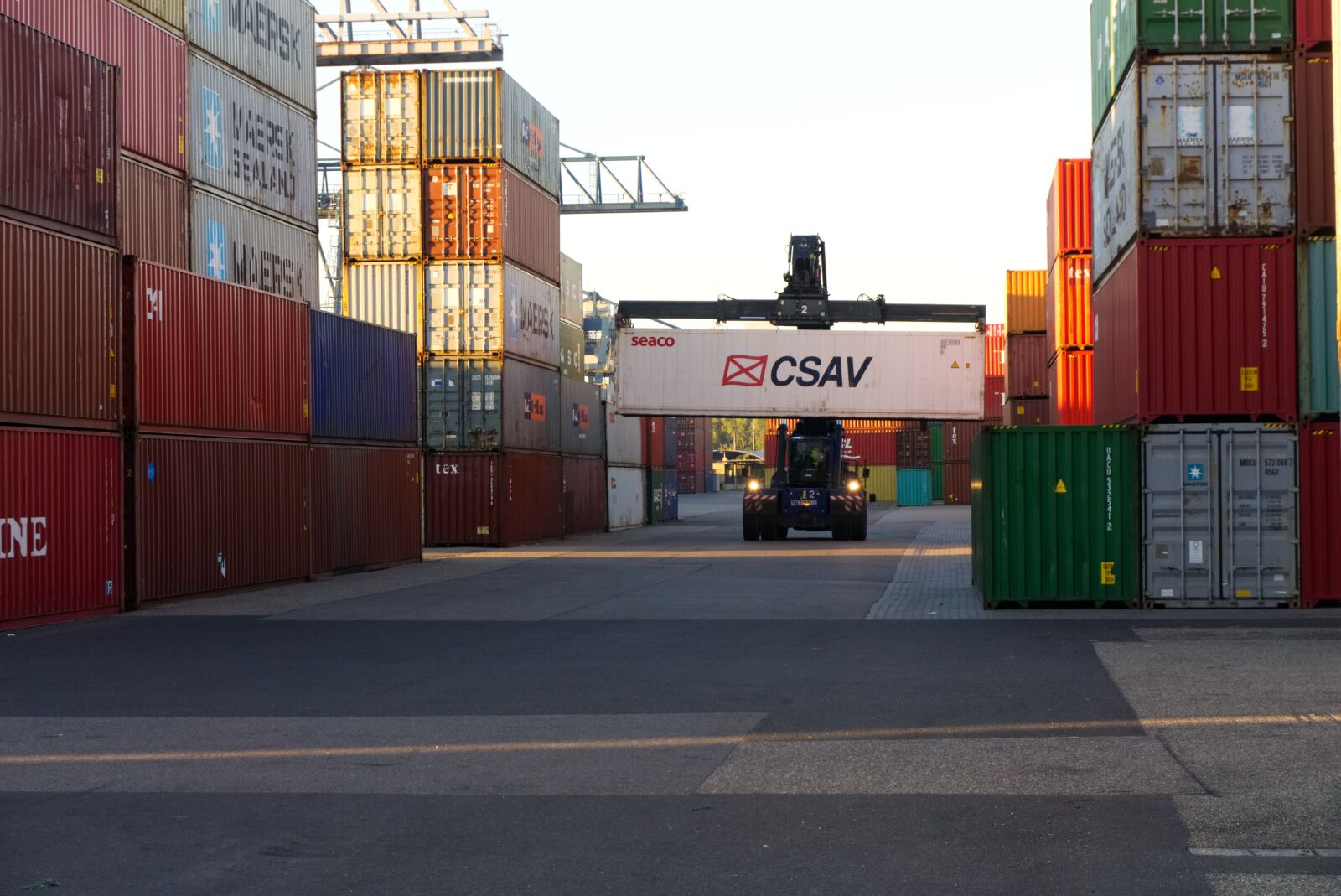 Sony a6000 sample photo. Container, loading crane, sunrise photography