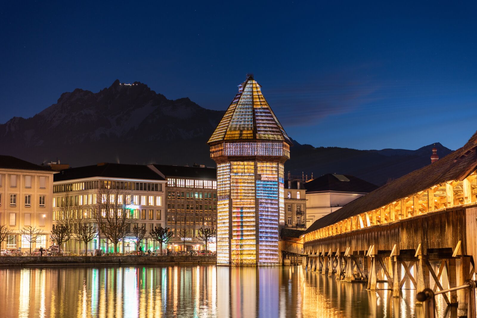 Nikon D850 sample photo. Lucerne, water tower, lighting photography