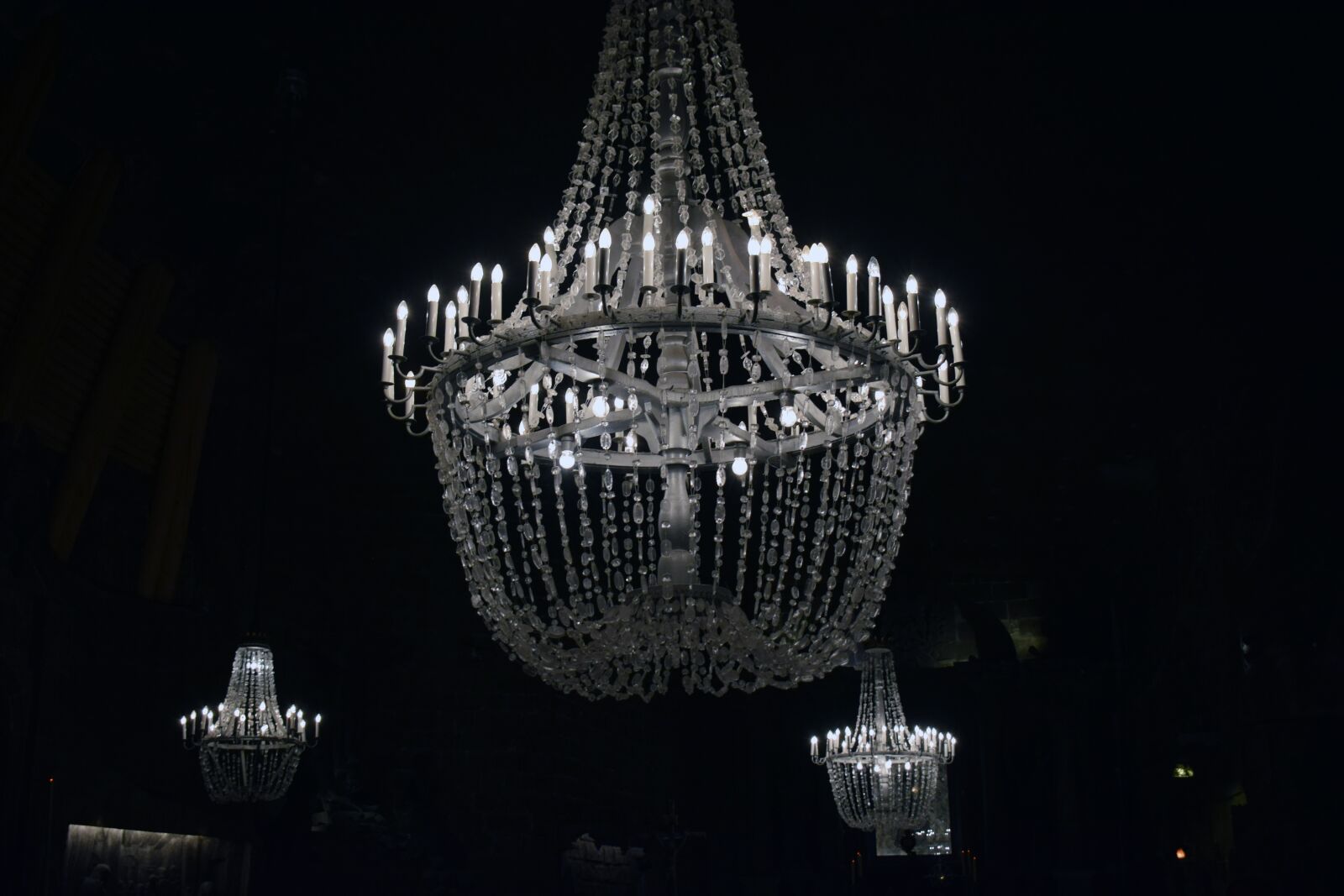 Nikon D3300 sample photo. Chandeliers, dark, church photography